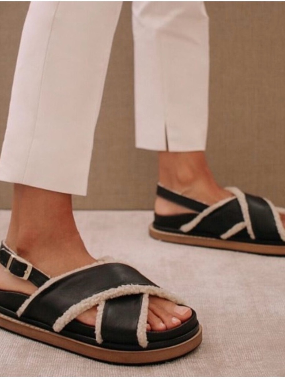 ALOHAS Marshmallow Black Leather Shearling Slingback Sandals Size 38